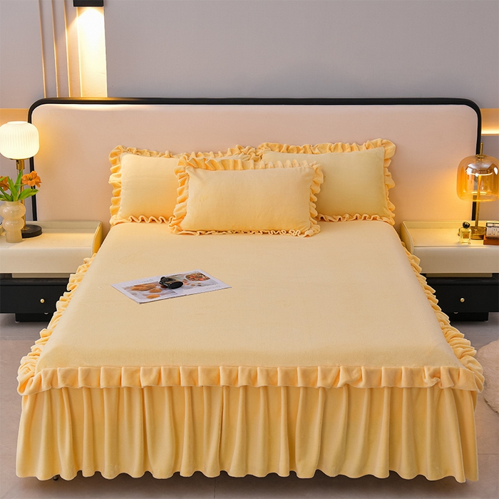 优家居工厂店 2026新款纯色韩版花边牛奶绒床裙床罩加厚直播外贸可定做 盛世-杏黄