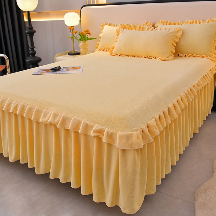 91家纺网 家纺一手货源 找家纺 优家居工厂店 2026新款纯色韩版花边牛奶绒床裙床罩加厚直播外贸可定做 盛世-杏黄