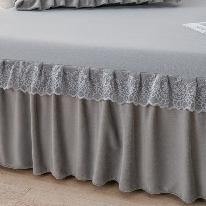 91家纺网 家纺一手货源 找家纺 优家居工厂店 2026新款240克高克重牛奶绒韩版刺绣花牛奶绒床裙四件套床裙三件套 安娜-灰色