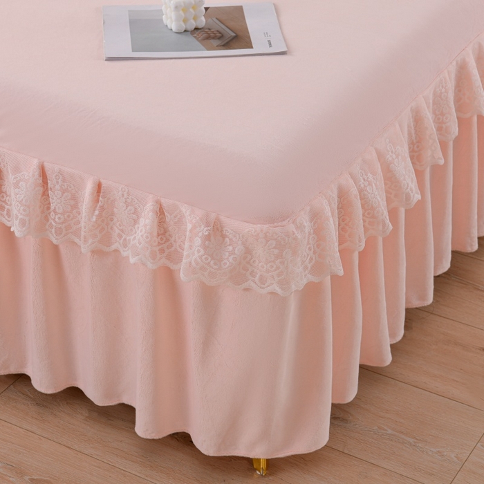 91家纺网 家纺一手货源 找家纺 优家居工厂店 2026新款240克高克重牛奶绒单件床裙韩版刺绣花牛奶绒床裙三件套 安娜-浅粉