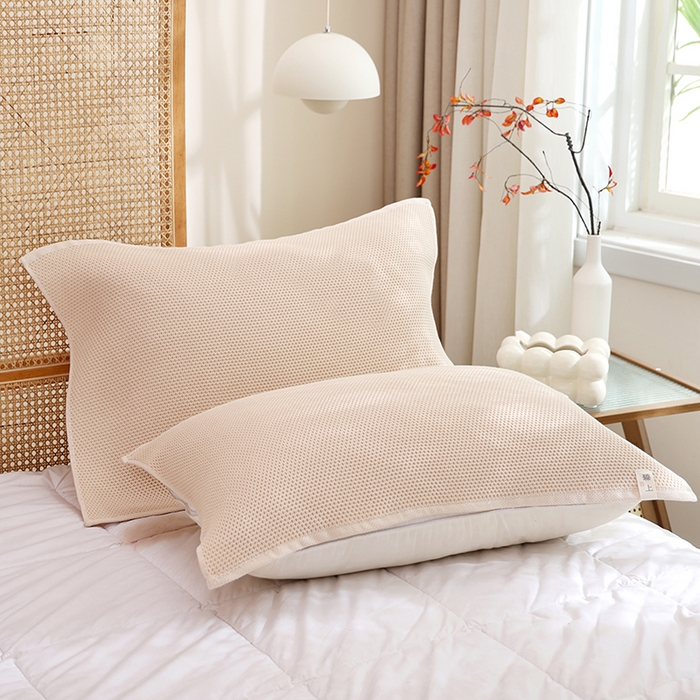 91家纺网 家纺一手货源 找家纺 朴尔家纺-毛巾被 2026新款北欧风素色布标全棉蜂窝华夫格透气枕巾 北欧风-茶白