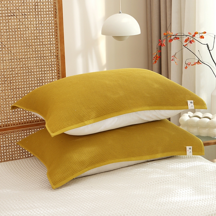 朴尔家纺-毛巾被 2026新款北欧风素色布标全棉蜂窝华夫格透气枕巾 北欧风-芥末黄