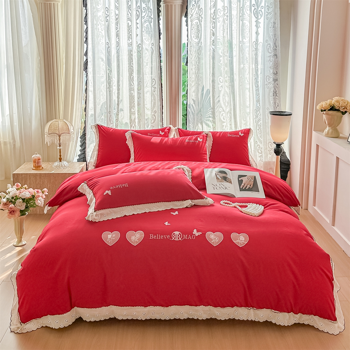 91家纺网 家纺一手货源 找家纺 梓之赫 2026新款A类云感纱花边四件套-欢乐时光 欢乐时光-中国红