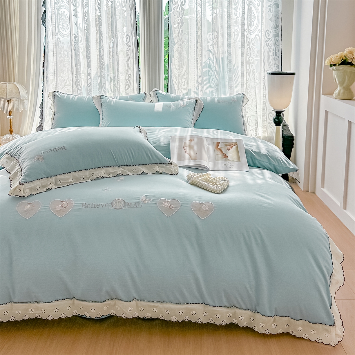 91家纺网 家纺一手货源 找家纺 梓之赫 2026新款A类云感纱花边四件套-欢乐时光 欢乐时光-蓝