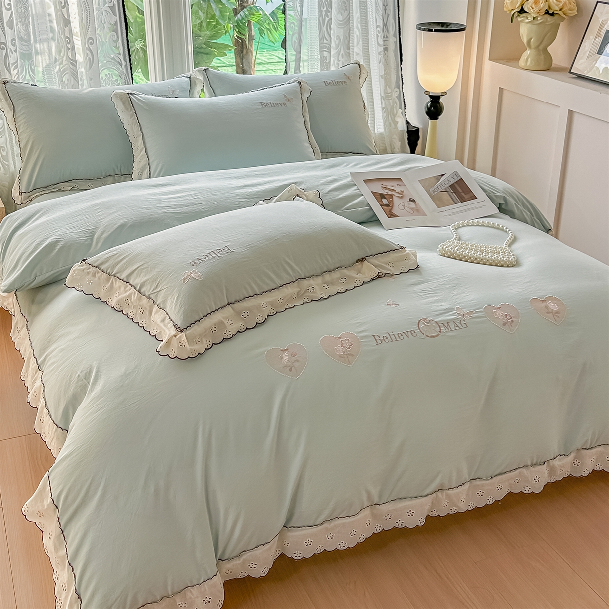 91家纺网 家纺一手货源 找家纺 梓之赫 2026新款A类云感纱花边四件套-欢乐时光 欢乐时光-水绿