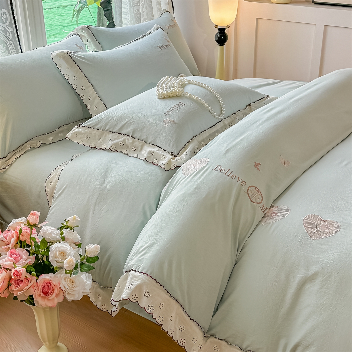 91家纺网 家纺一手货源 找家纺 梓之赫 2026新款A类云感纱花边四件套-欢乐时光 欢乐时光-水绿