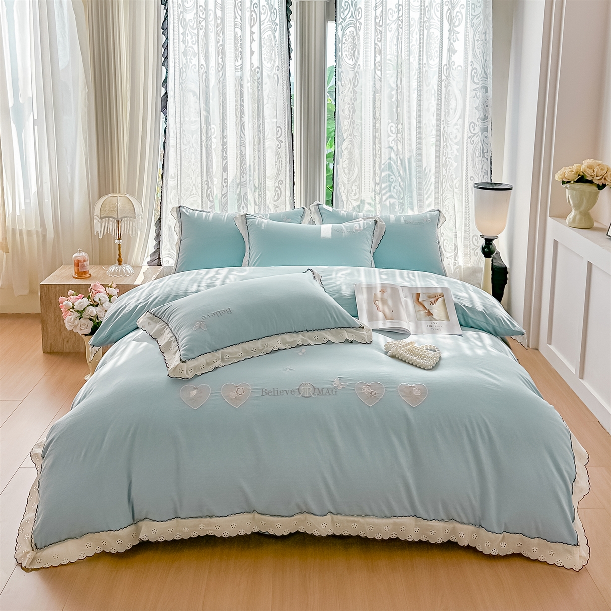 91家纺网 家纺一手货源 找家纺 梓之赫 2026新款A类云感纱花边四件套-欢乐时光 欢乐时光-蓝