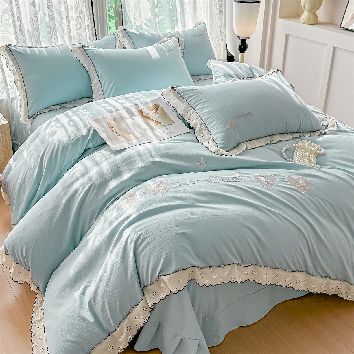 梓之赫 2026新款A类云感纱花边四件套-欢乐时光 欢乐时光-蓝