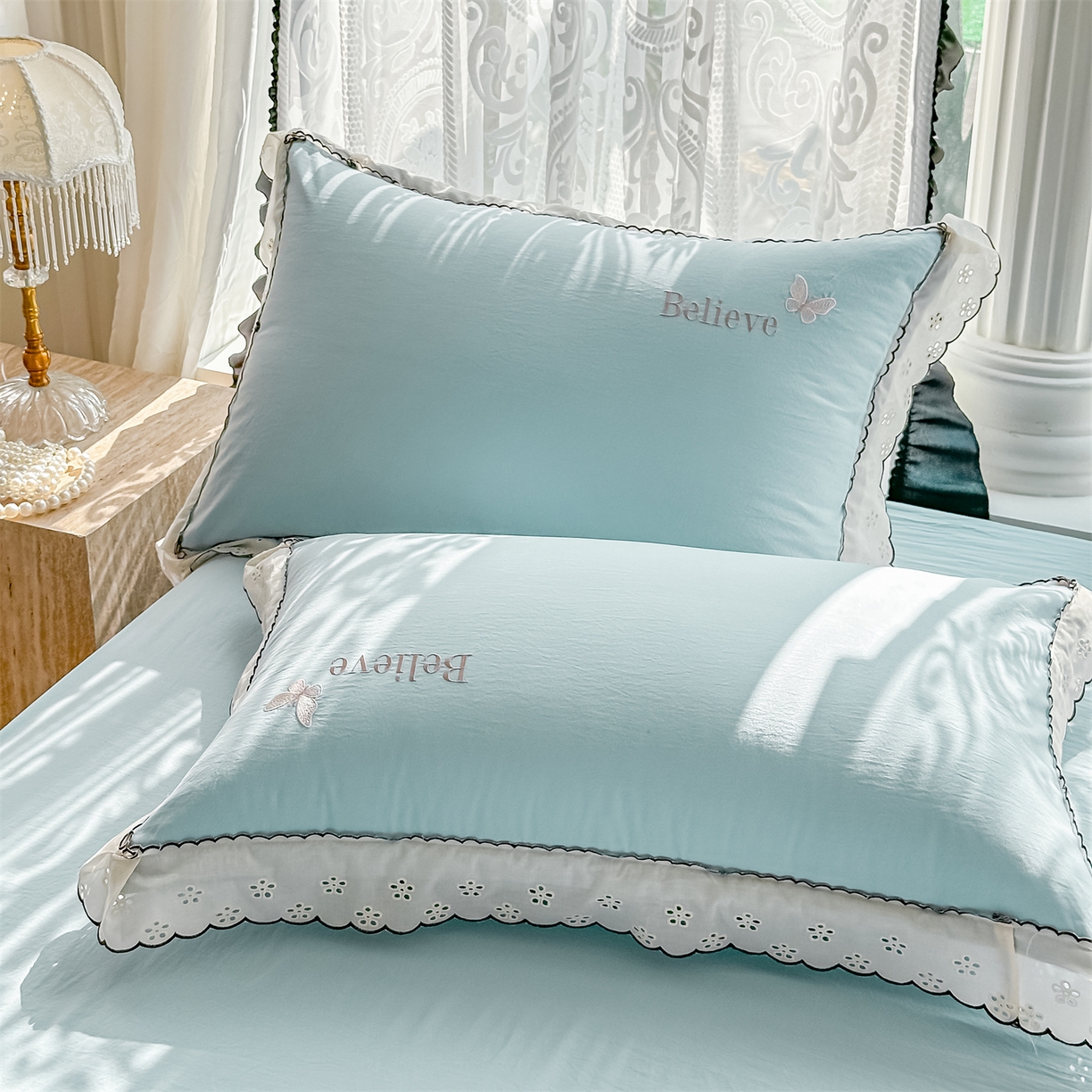 91家纺网 家纺一手货源 找家纺 梓之赫 2026新款A类云感纱花边四件套-欢乐时光 欢乐时光-蓝