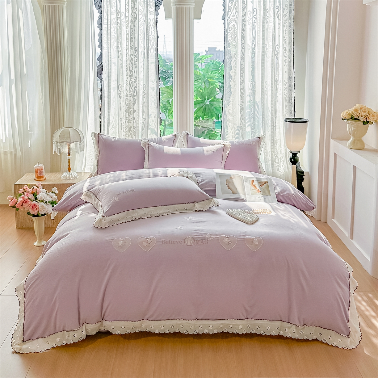 91家纺网 家纺一手货源 找家纺 梓之赫 2026新款A类云感纱花边四件套-欢乐时光 欢乐时光-媚紫