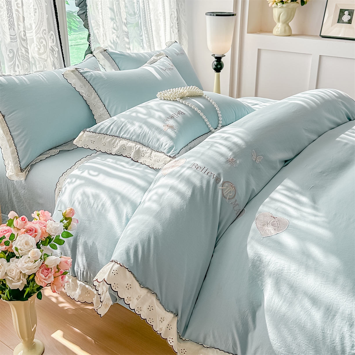 91家纺网 家纺一手货源 找家纺 梓之赫 2026新款A类云感纱花边四件套-欢乐时光 欢乐时光-蓝