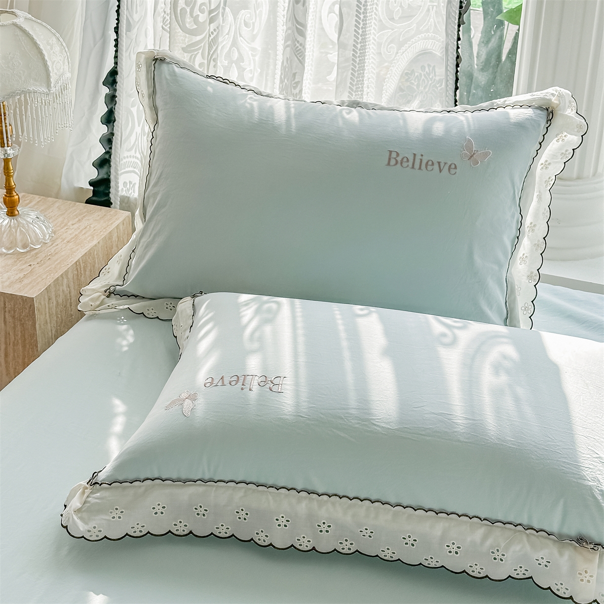 91家纺网 家纺一手货源 找家纺 梓之赫 2026新款A类云感纱花边四件套-欢乐时光 欢乐时光-水绿