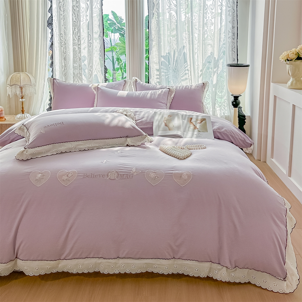 91家纺网 家纺一手货源 找家纺 梓之赫 2026新款A类云感纱花边四件套-欢乐时光 欢乐时光-媚紫