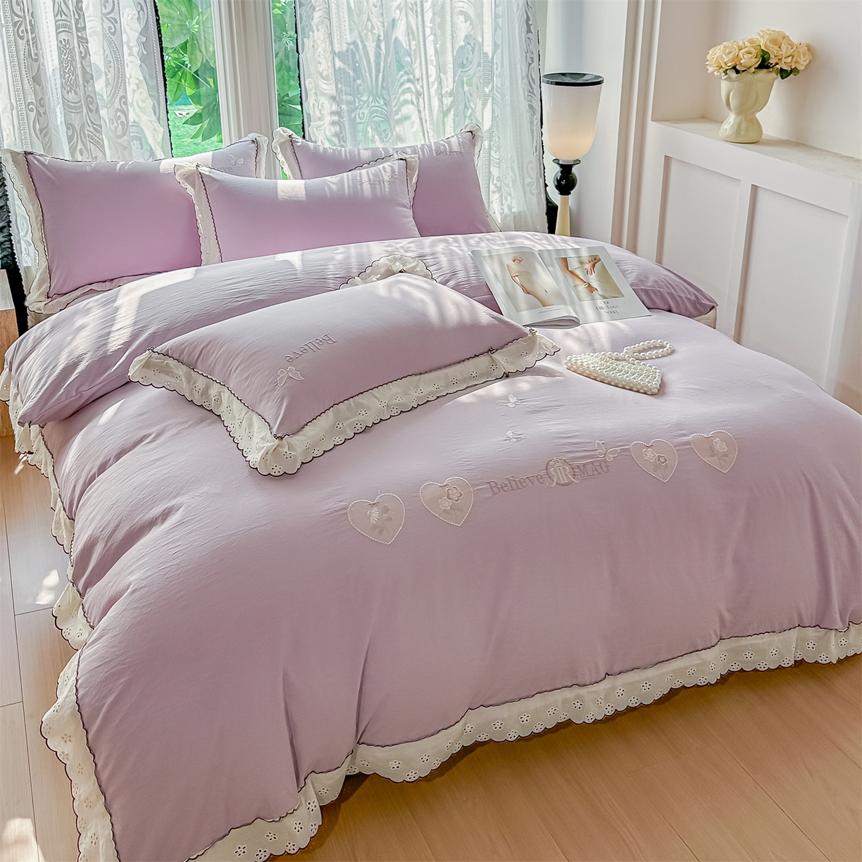 91家纺网 家纺一手货源 找家纺 梓之赫 2026新款A类云感纱花边四件套-欢乐时光 欢乐时光-媚紫