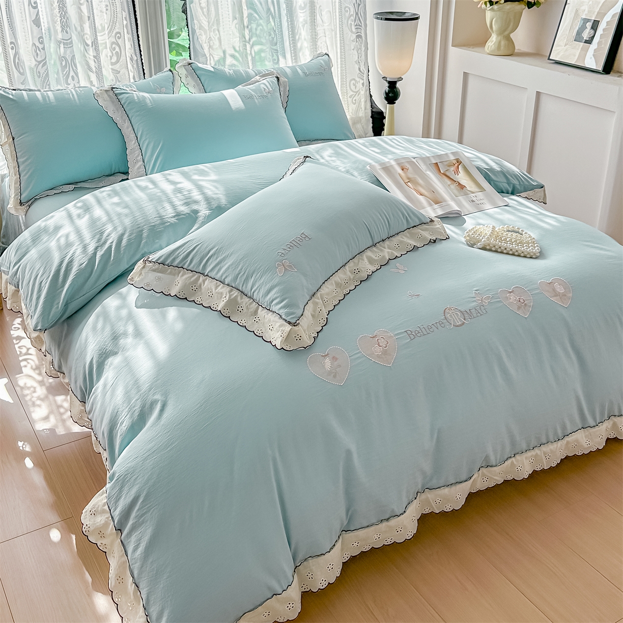 91家纺网 家纺一手货源 找家纺 梓之赫 2026新款A类云感纱花边四件套-欢乐时光 欢乐时光-蓝