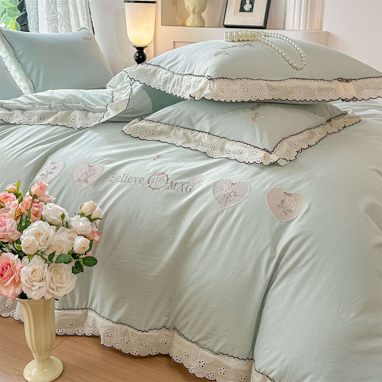 91家纺网 家纺一手货源 找家纺 梓之赫 2026新款A类云感纱花边四件套-欢乐时光 欢乐时光-水绿