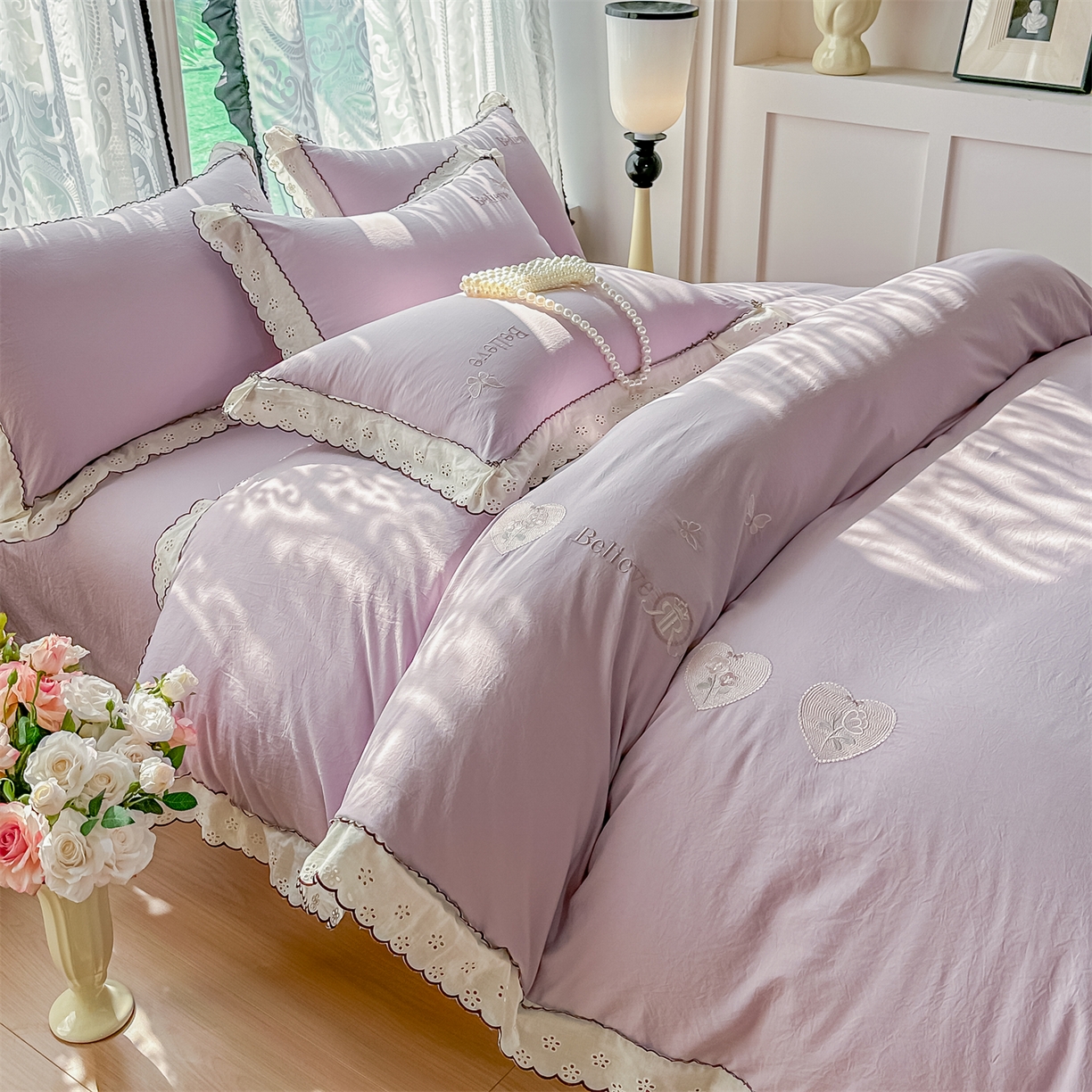 91家纺网 家纺一手货源 找家纺 梓之赫 2026新款A类云感纱花边四件套-欢乐时光 欢乐时光-媚紫