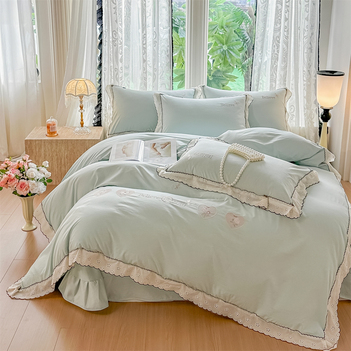 91家纺网 家纺一手货源 找家纺 梓之赫 2026新款A类云感纱花边四件套-欢乐时光 欢乐时光-水绿