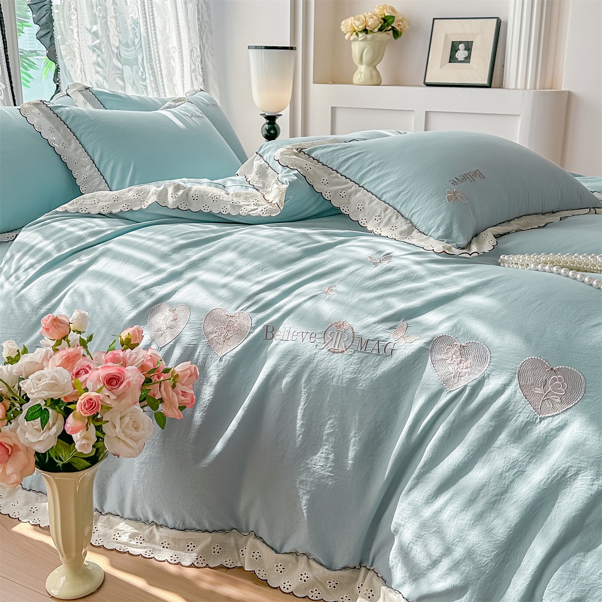 91家纺网 家纺一手货源 找家纺 梓之赫 2026新款A类云感纱花边四件套-欢乐时光 欢乐时光-蓝