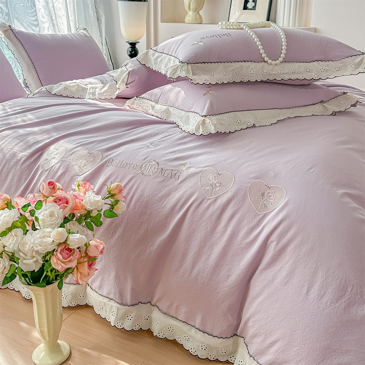 91家纺网 家纺一手货源 找家纺 梓之赫 2026新款A类云感纱花边四件套-欢乐时光 欢乐时光-媚紫