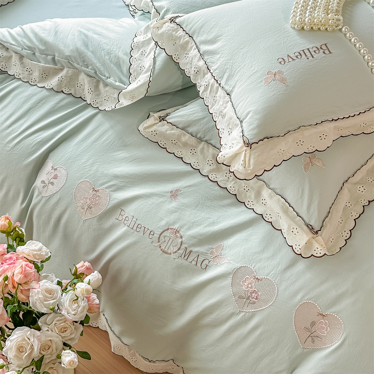 91家纺网 家纺一手货源 找家纺 梓之赫 2026新款A类云感纱花边四件套-欢乐时光 欢乐时光-水绿