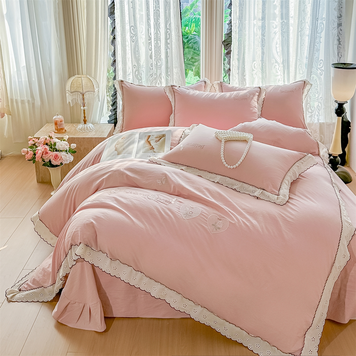 91家纺网 家纺一手货源 找家纺 梓之赫 2026新款A类云感纱花边四件套-欢乐时光 欢乐时光-少女粉