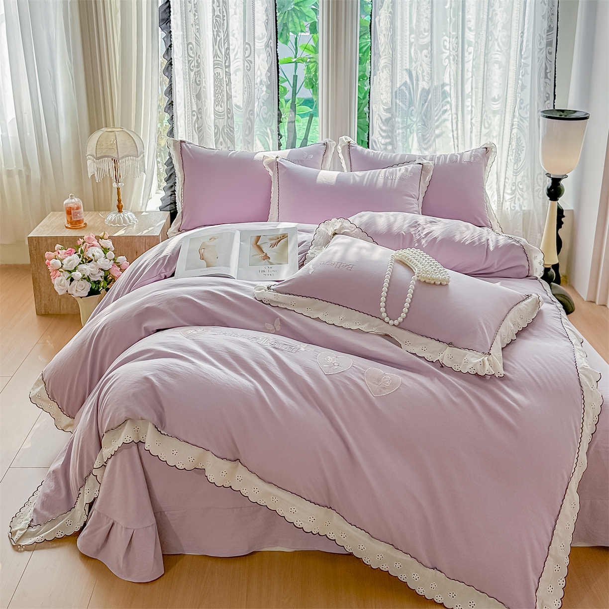 91家纺网 家纺一手货源 找家纺 梓之赫 2026新款A类云感纱花边四件套-欢乐时光 欢乐时光-媚紫