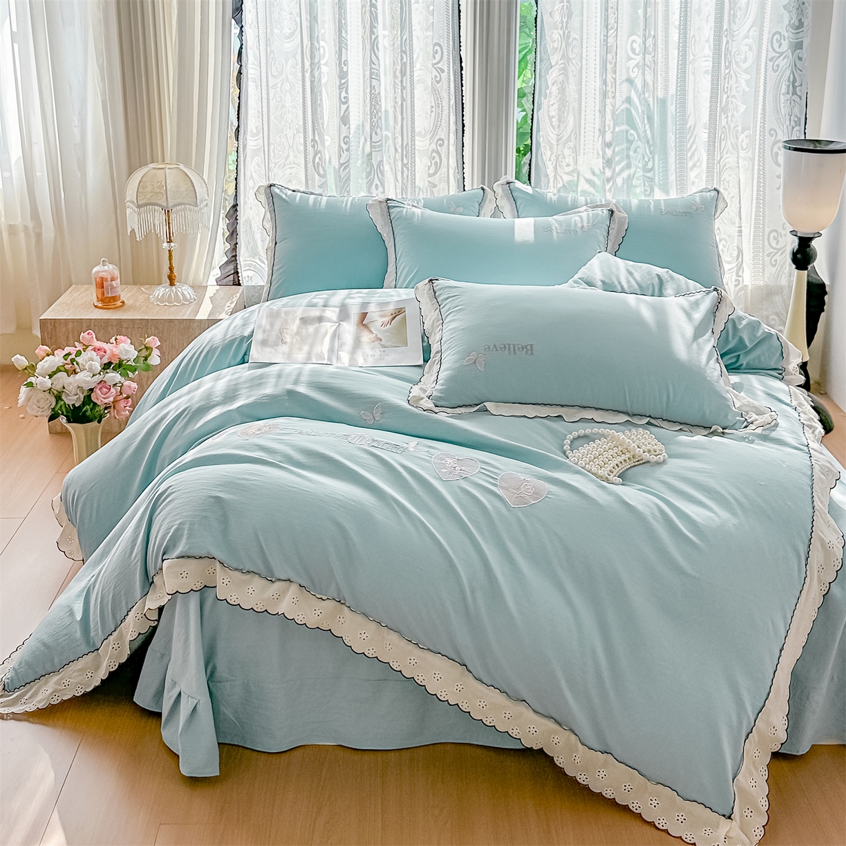 91家纺网 家纺一手货源 找家纺 梓之赫 2026新款A类云感纱花边四件套-欢乐时光 欢乐时光-蓝