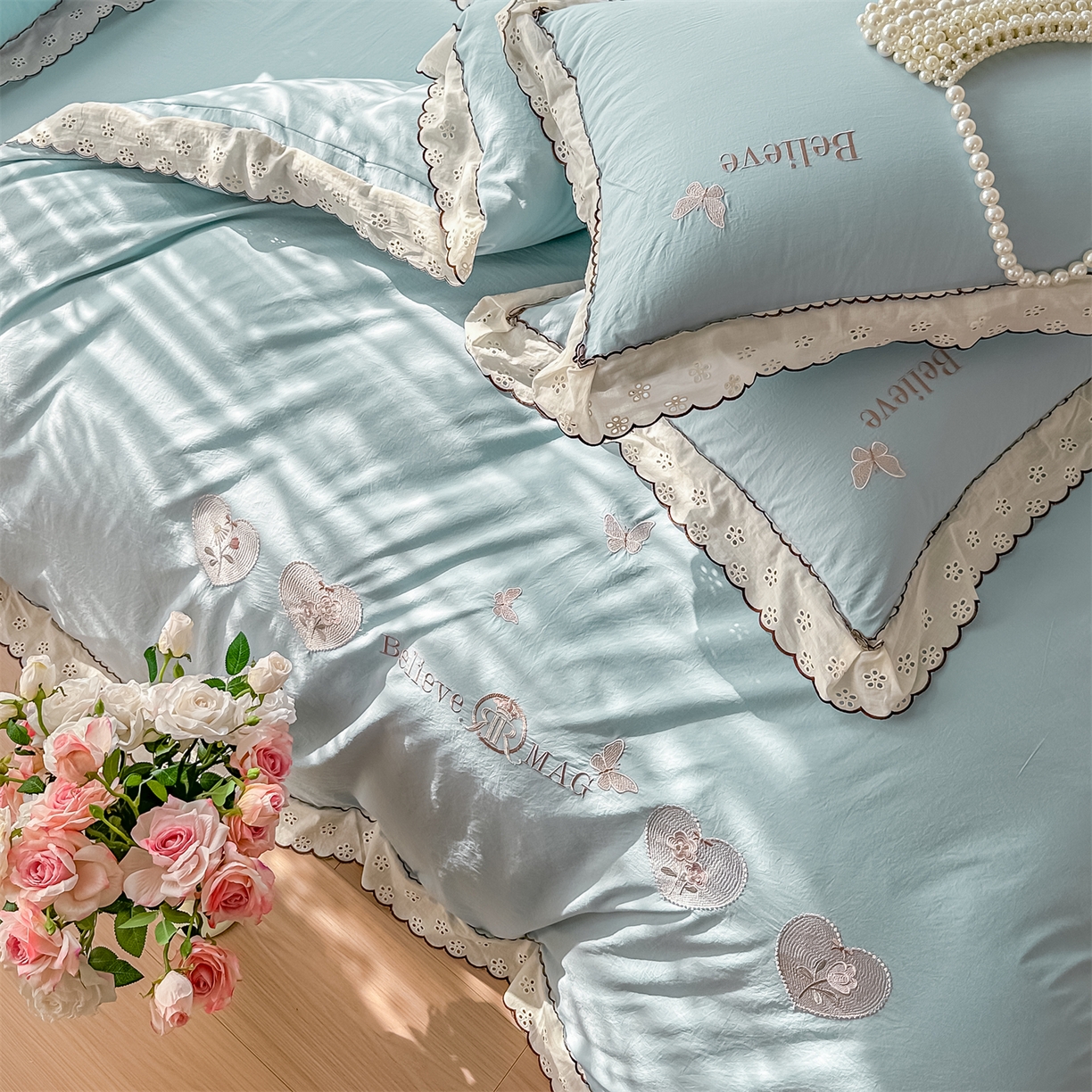 91家纺网 家纺一手货源 找家纺 梓之赫 2026新款A类云感纱花边四件套-欢乐时光 欢乐时光-蓝