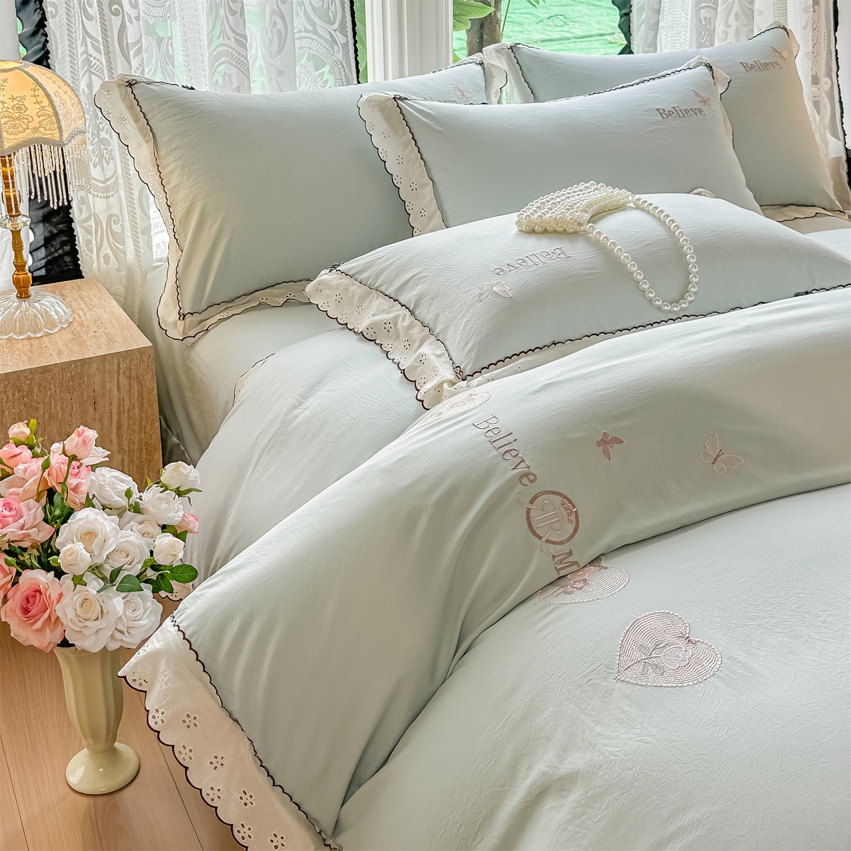 91家纺网 家纺一手货源 找家纺 梓之赫 2026新款A类云感纱花边四件套-欢乐时光 欢乐时光-水绿