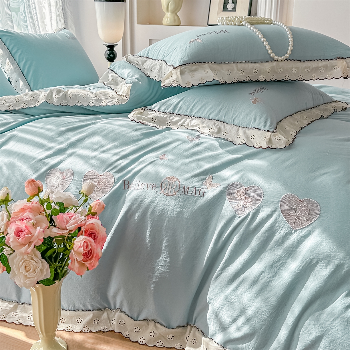 91家纺网 家纺一手货源 找家纺 梓之赫 2026新款A类云感纱花边四件套-欢乐时光 欢乐时光-蓝