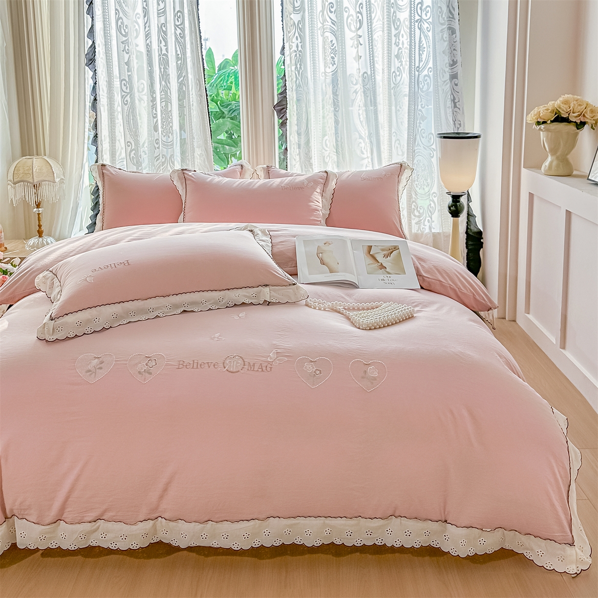 91家纺网 家纺一手货源 找家纺 梓之赫 2026新款A类云感纱花边四件套-欢乐时光 欢乐时光-少女粉