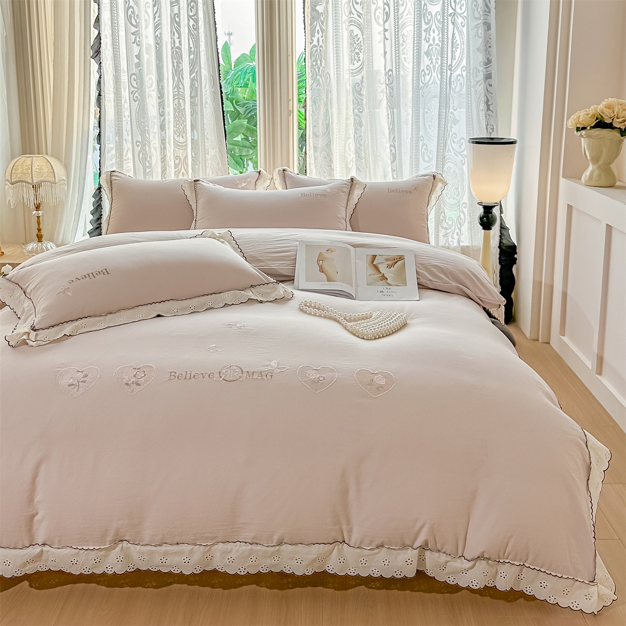 91家纺网 家纺一手货源 找家纺 梓之赫 2026新款A类云感纱花边四件套-欢乐时光 欢乐时光-杏色