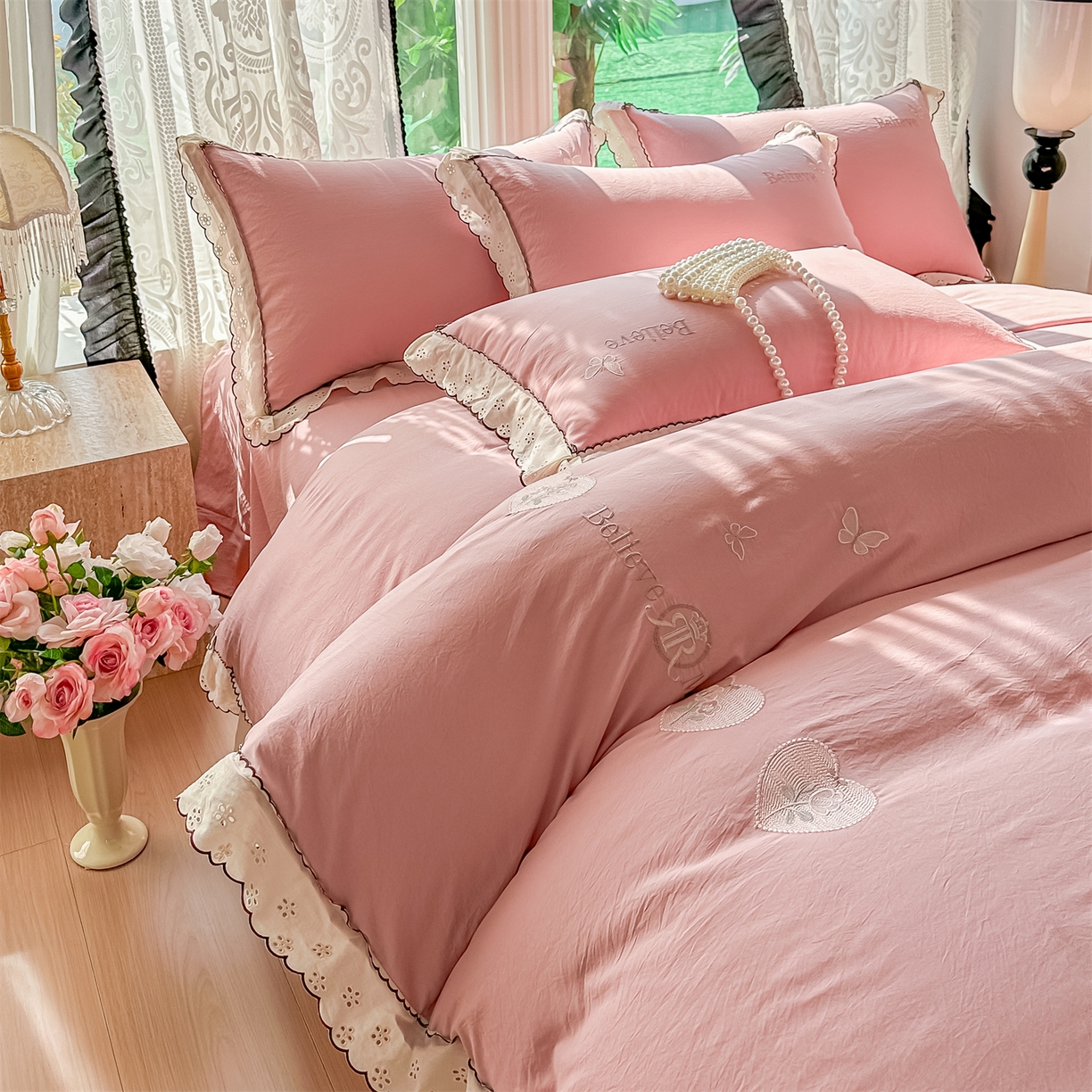 91家纺网 家纺一手货源 找家纺 梓之赫 2026新款A类云感纱花边四件套-欢乐时光 欢乐时光-豆沙