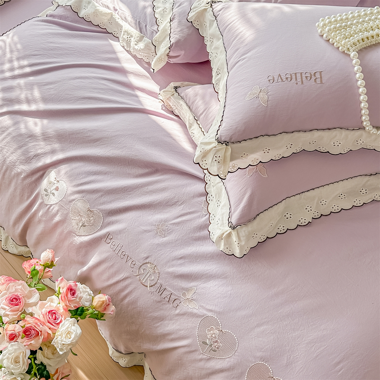 91家纺网 家纺一手货源 找家纺 梓之赫 2026新款A类云感纱花边四件套-欢乐时光 欢乐时光-媚紫