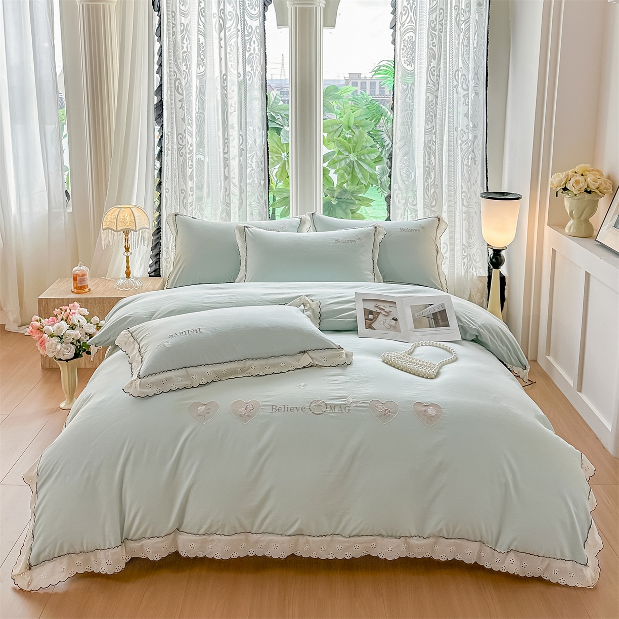 91家纺网 家纺一手货源 找家纺 梓之赫 2026新款A类云感纱花边四件套-欢乐时光 欢乐时光-水绿