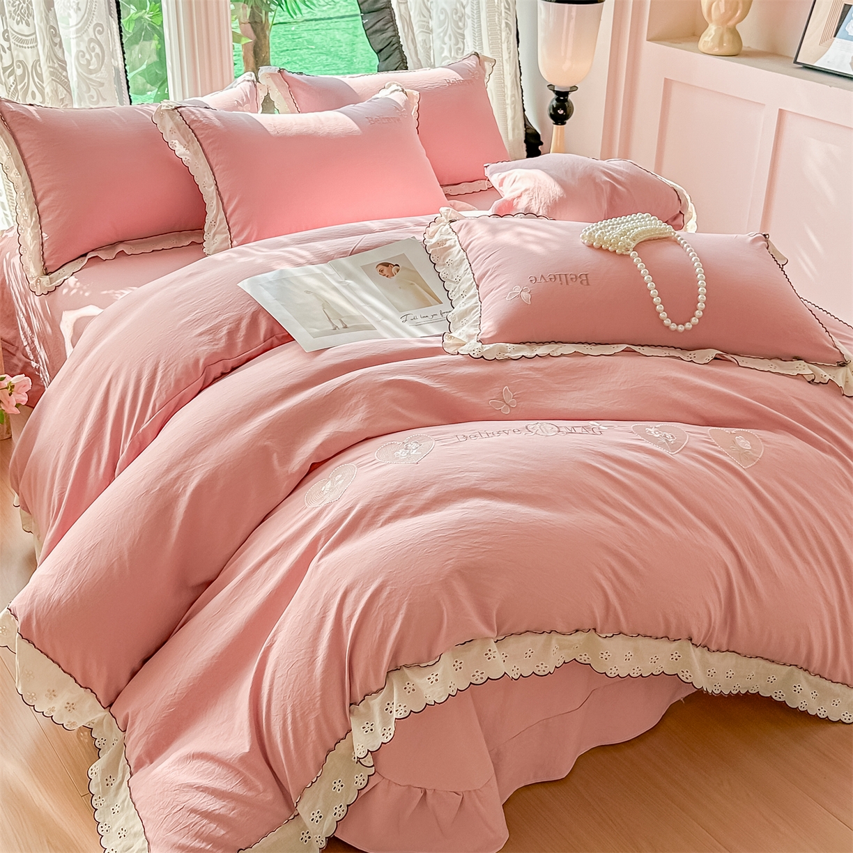 梓之赫 2026新款A类云感纱花边四件套-欢乐时光 欢乐时光-豆沙