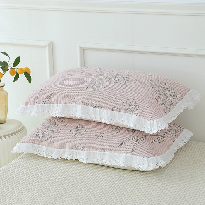 91家纺网 家纺一手货源 找家纺 朴尔家纺-毛巾被 2026新款韩式花边四层纱枕巾纯棉竹纤维加大成人纱布枕头巾 怒放-粉