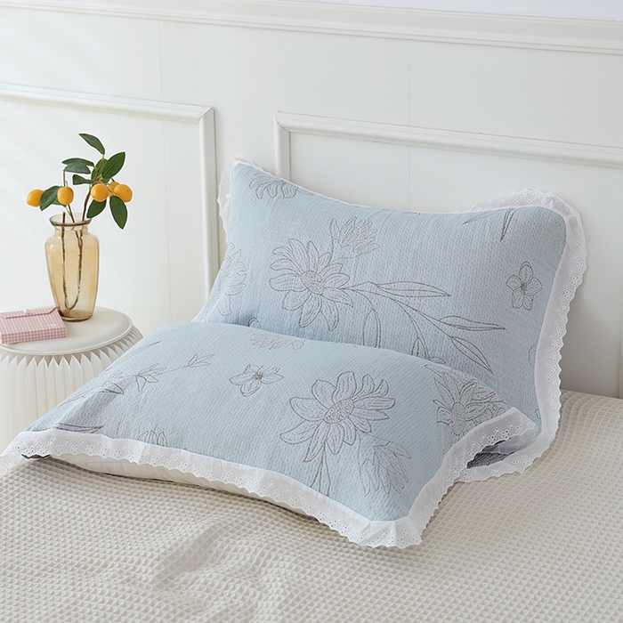 朴尔家纺-毛巾被 2026新款韩式花边四层纱枕巾纯棉竹纤维加大成人纱布枕头巾 怒放-蓝