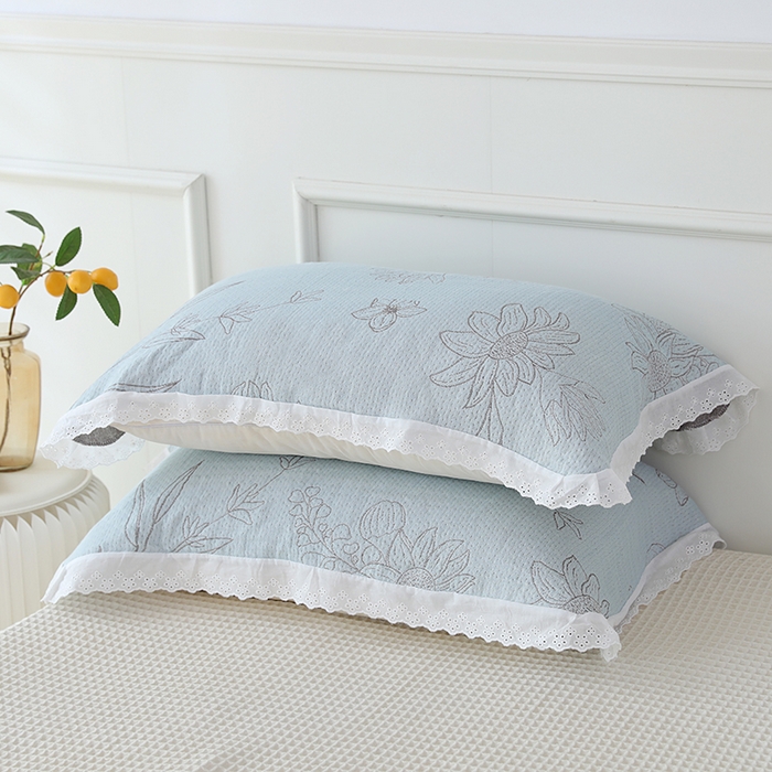 91家纺网 家纺一手货源 找家纺 朴尔家纺-毛巾被 2026新款韩式花边四层纱枕巾纯棉竹纤维加大成人纱布枕头巾 怒放-蓝