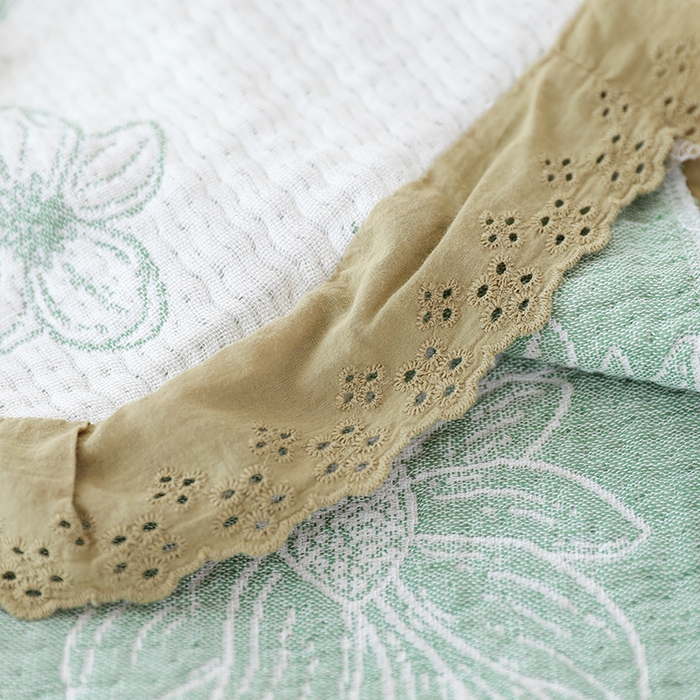 91家纺网 家纺一手货源 找家纺 朴尔家纺-毛巾被 2026新款韩式花边四层纱枕巾纯棉竹纤维加大成人纱布枕头巾 怒放-绿