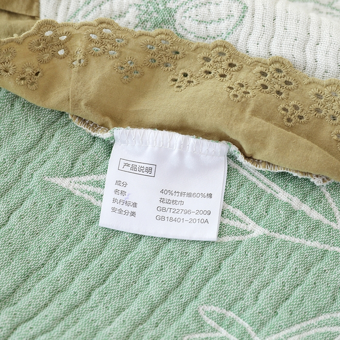 91家纺网 家纺一手货源 找家纺 朴尔家纺-毛巾被 2026新款韩式花边四层纱枕巾纯棉竹纤维加大成人纱布枕头巾 怒放-绿