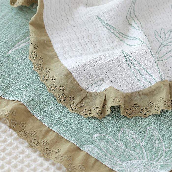 91家纺网 家纺一手货源 找家纺 朴尔家纺-毛巾被 2026新款韩式花边四层纱枕巾纯棉竹纤维加大成人纱布枕头巾 怒放-绿