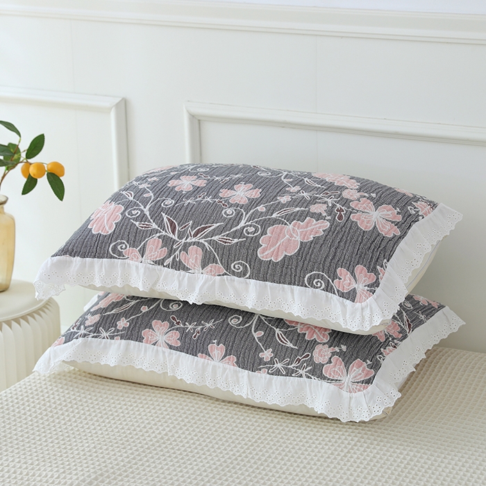 91家纺网 家纺一手货源 找家纺 朴尔家纺-毛巾被 2026新款韩式花边四层纱枕巾纯棉竹纤维加大成人纱布枕头巾 藤蔓之恋