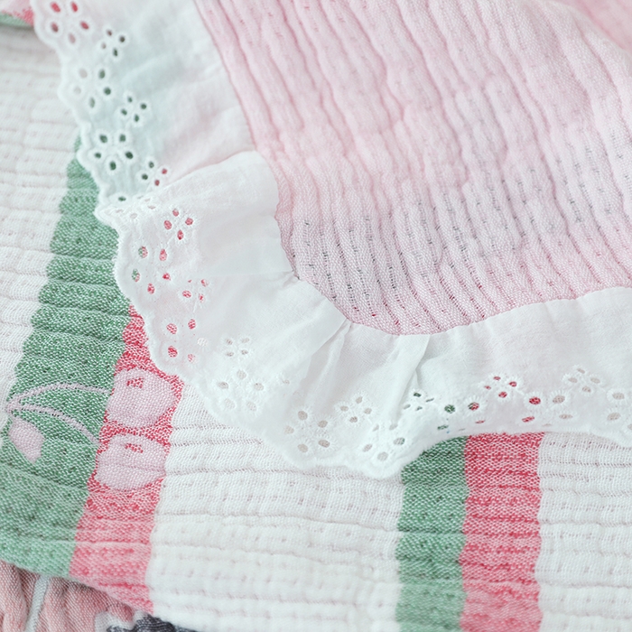 91家纺网 家纺一手货源 找家纺 朴尔家纺-毛巾被 2026新款韩式花边四层纱枕巾纯棉竹纤维加大成人纱布枕头巾 樱桃日记-粉