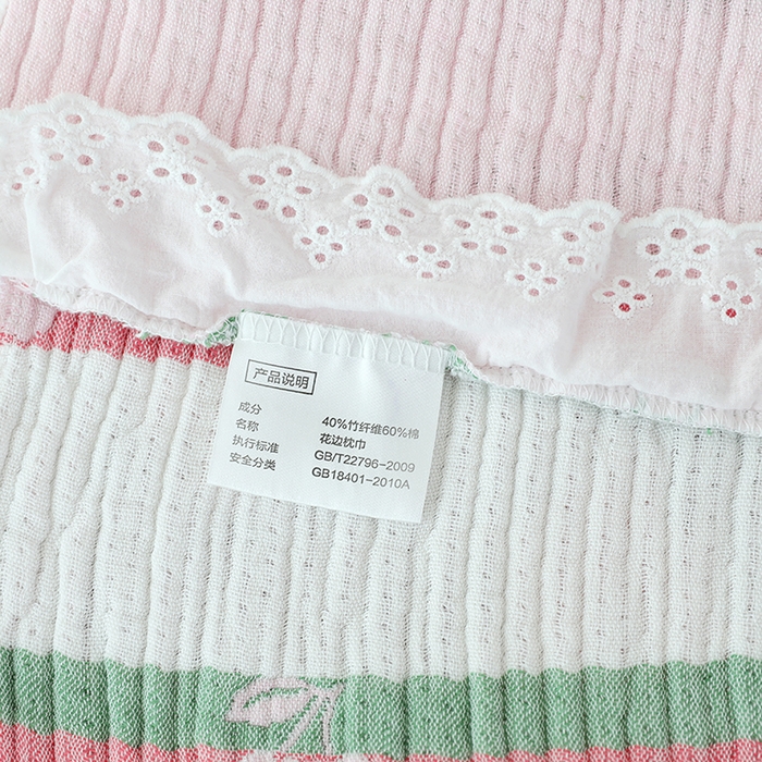 91家纺网 家纺一手货源 找家纺 朴尔家纺-毛巾被 2026新款韩式花边四层纱枕巾纯棉竹纤维加大成人纱布枕头巾 樱桃日记-粉