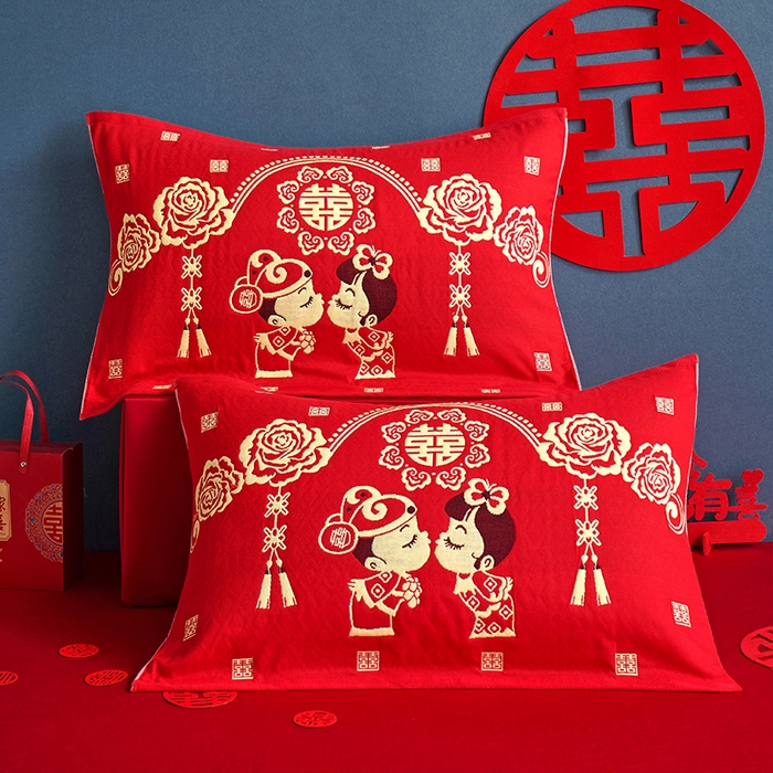 朴尔家纺-毛巾被 2026新款全棉40股结婚大红多层纱布透气情侣婚庆枕巾 喜眉笑眼