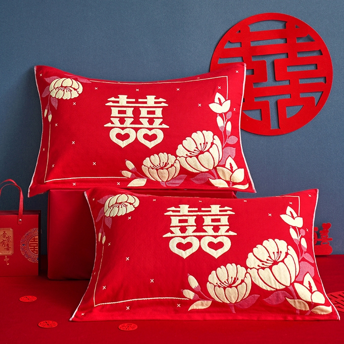 朴尔家纺-毛巾被 2026新款全棉40股结婚大红多层纱布透气情侣婚庆枕巾 喜笑颜开