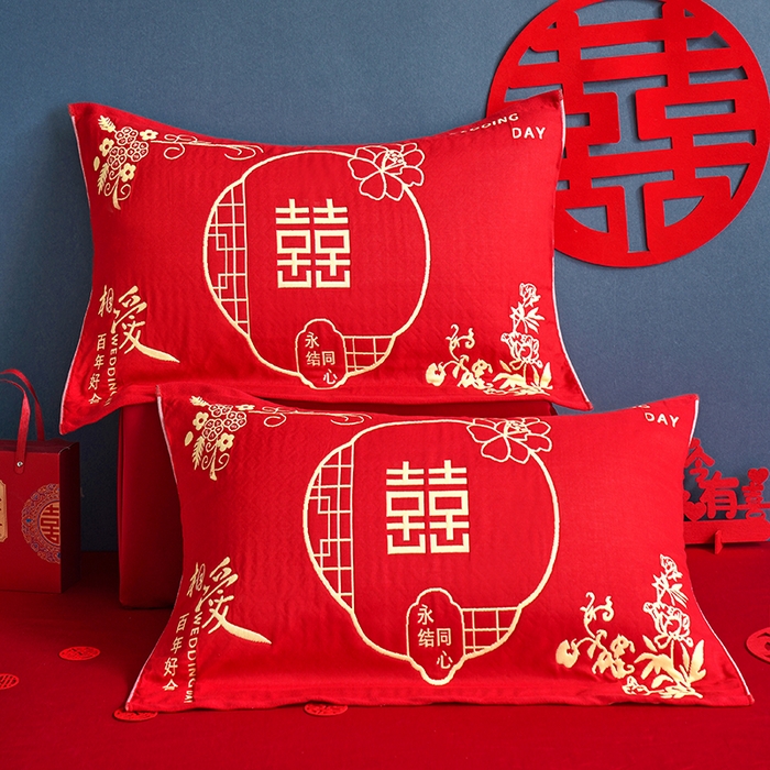 朴尔家纺-毛巾被 2026新款全棉40股结婚大红多层纱布透气情侣婚庆枕巾 永结同心