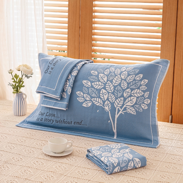 91家纺网 家纺一手货源 找家纺 朴尔家纺-毛巾被 2026新款夹棉加厚三层纱布枕巾 发财树兰